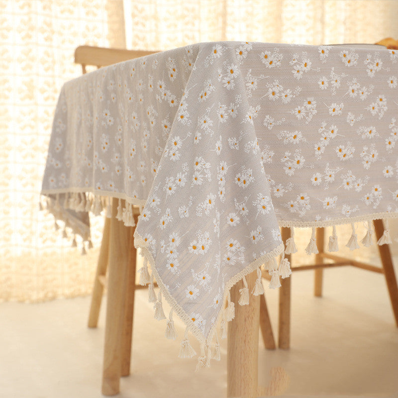 Cotton Linen Daisy Embroidery Tablecloth