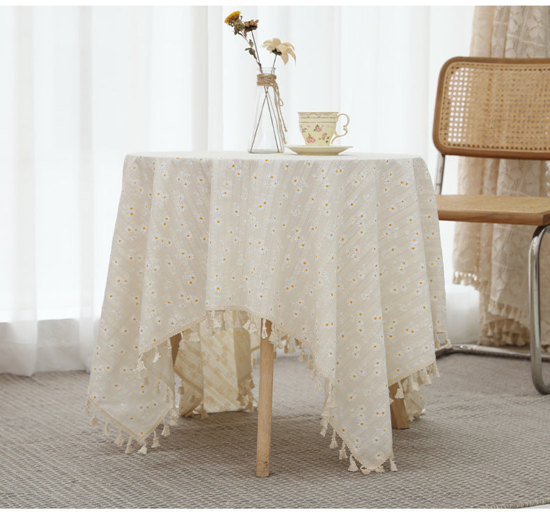 Cotton Linen Daisy Embroidery Tablecloth