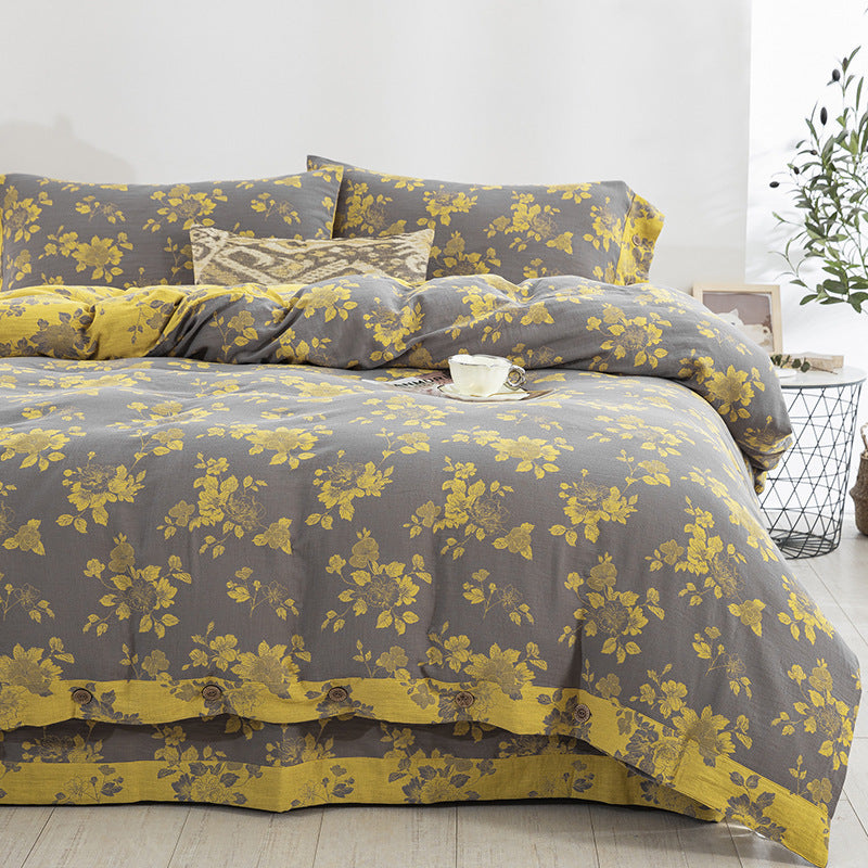 Cotton Double-layer Yarn Four-piece Flower Quilt Cover Bedding Bedding