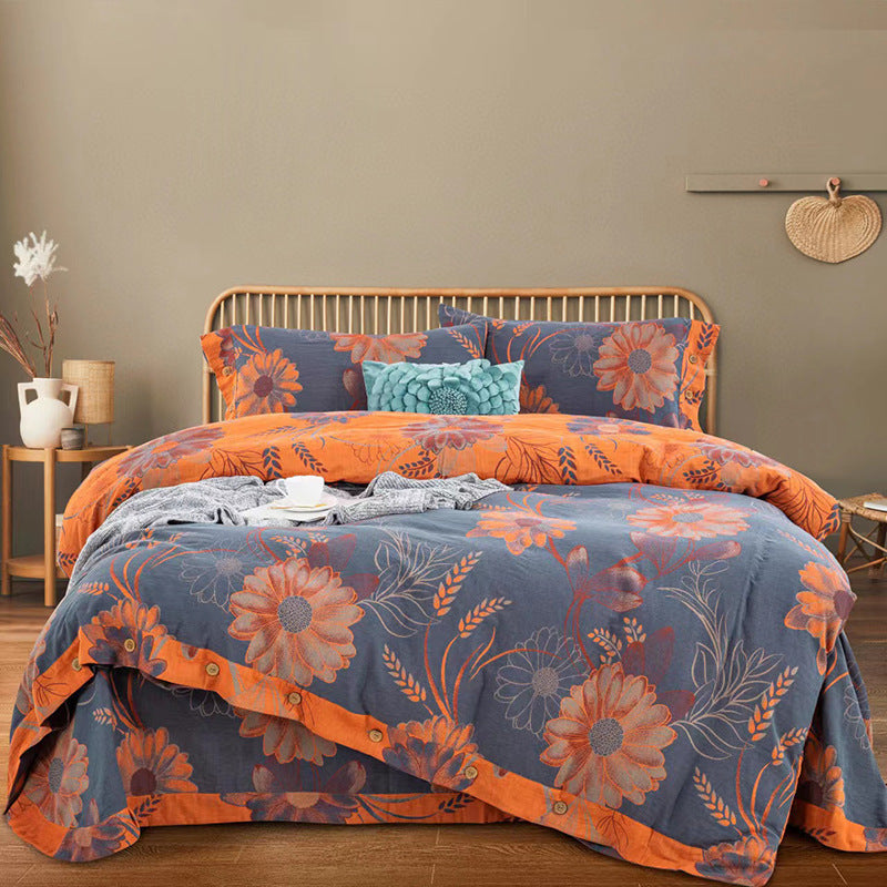 Cotton Double-layer Yarn Four-piece Flower Quilt Cover Bedding Bedding