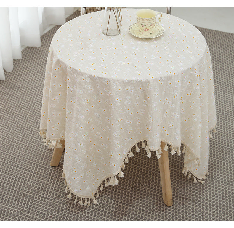 Cotton Linen Daisy Embroidery Tablecloth
