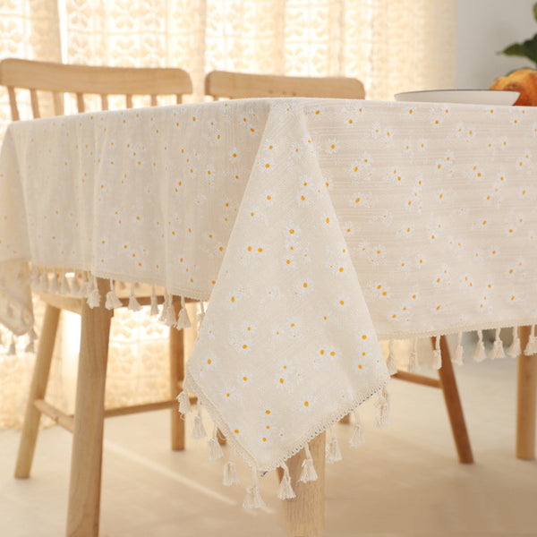 Cotton Linen Daisy Embroidery Tablecloth