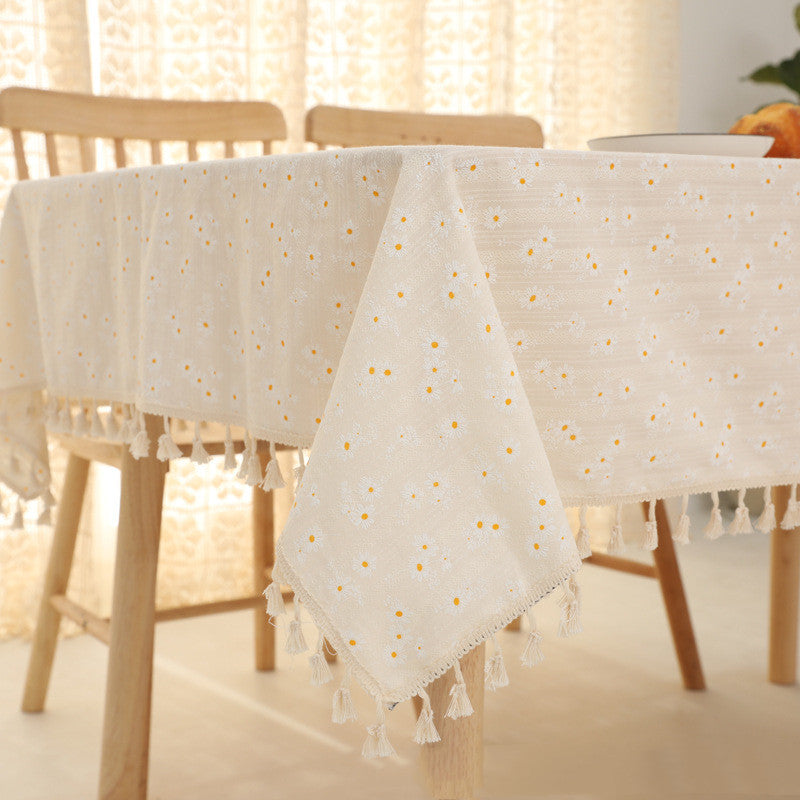 Cotton Linen Daisy Embroidery Tablecloth