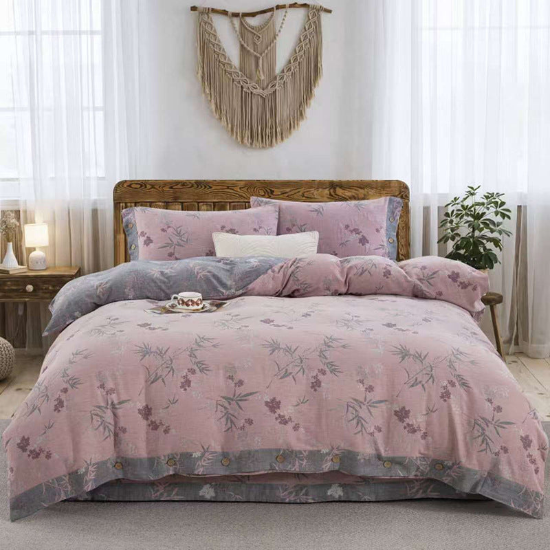 Cotton Double-layer Yarn Four-piece Flower Quilt Cover Bedding Bedding