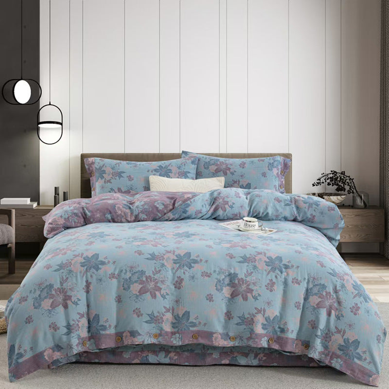 Cotton Double-layer Yarn Four-piece Flower Quilt Cover Bedding Bedding