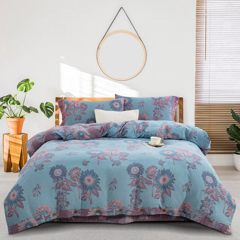 Cotton Double-layer Yarn Four-piece Flower Quilt Cover Bedding Bedding